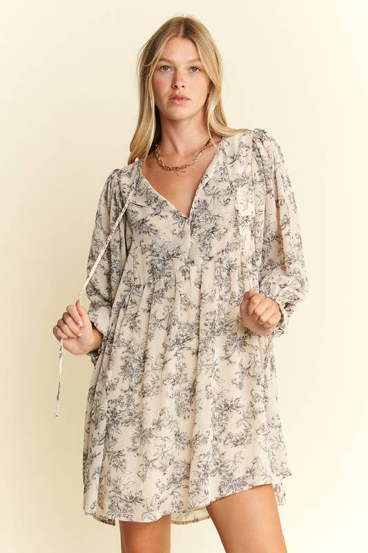 Women's LINED 3/4 SLEEVE FLORAL CHIFFON BABYDOLL SHORT DRESS