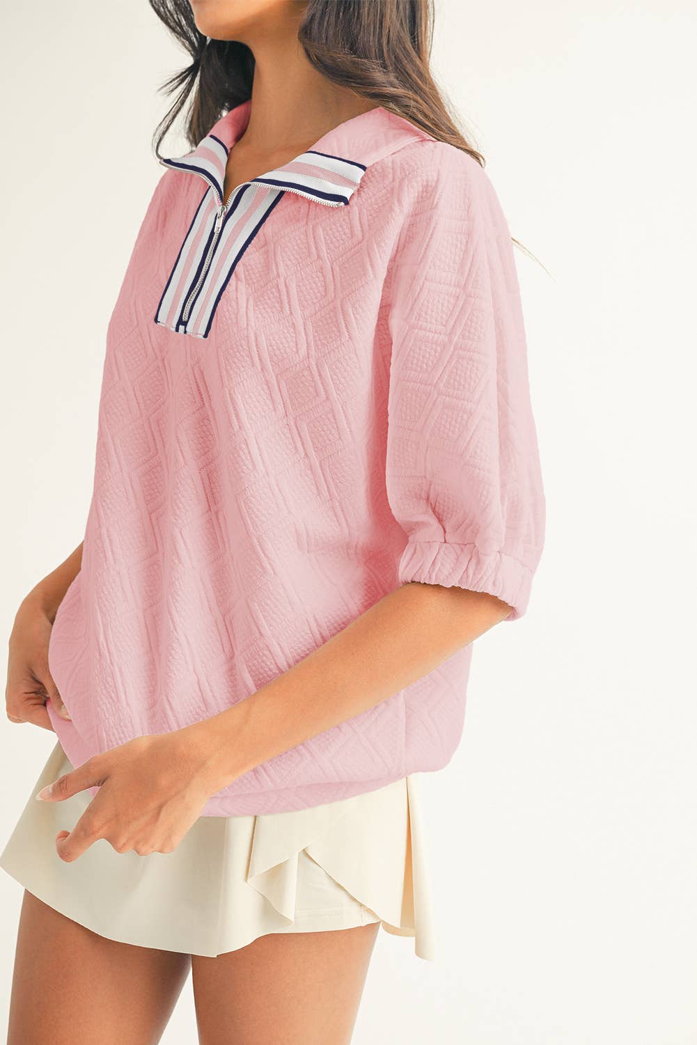 FINAL SALE- LDC Colorblock Zipper Collar Puff Sleeve Textured Blouse