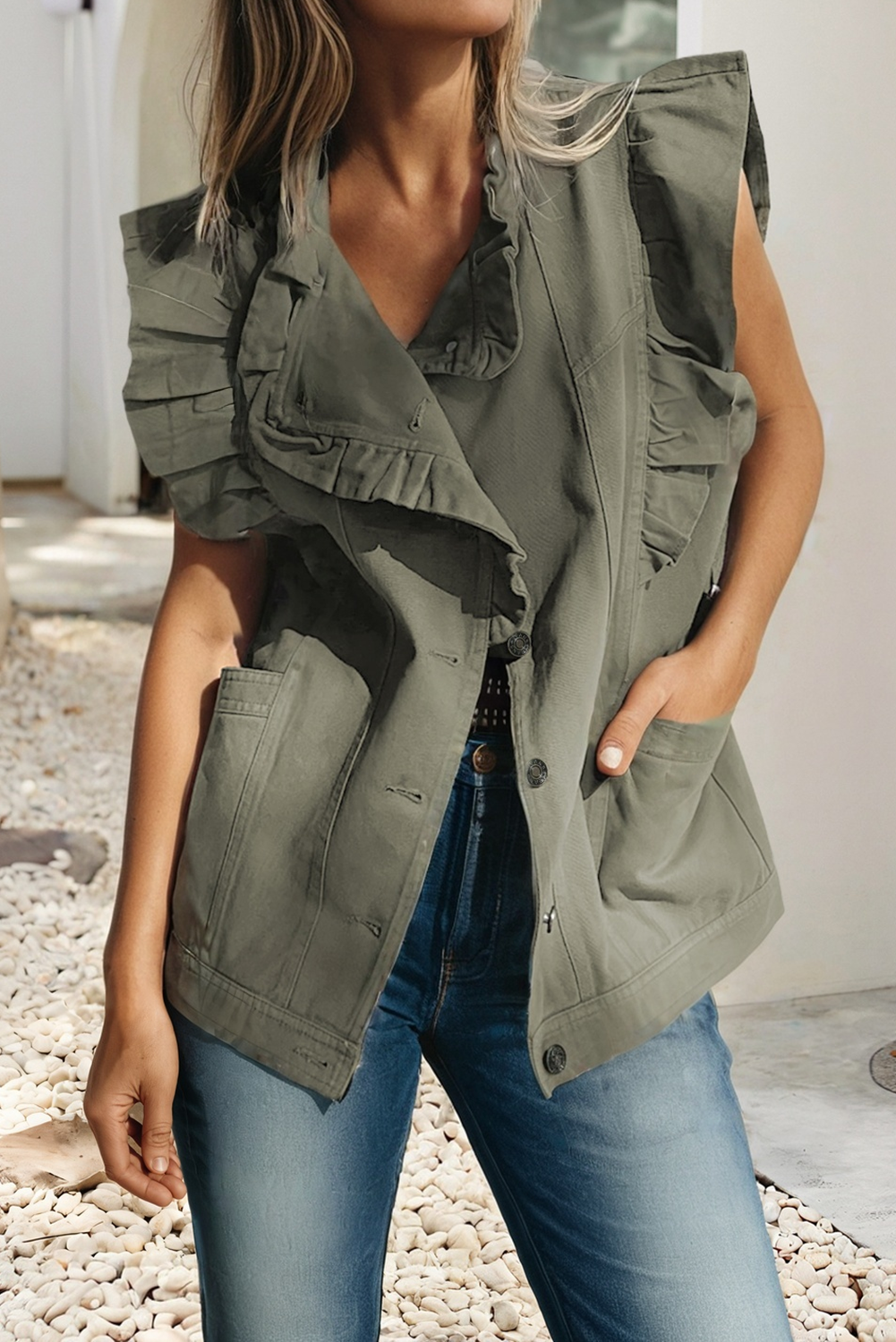 LDC Ruffled Patchwork Denim Jacket Vest Little Daisy Closet