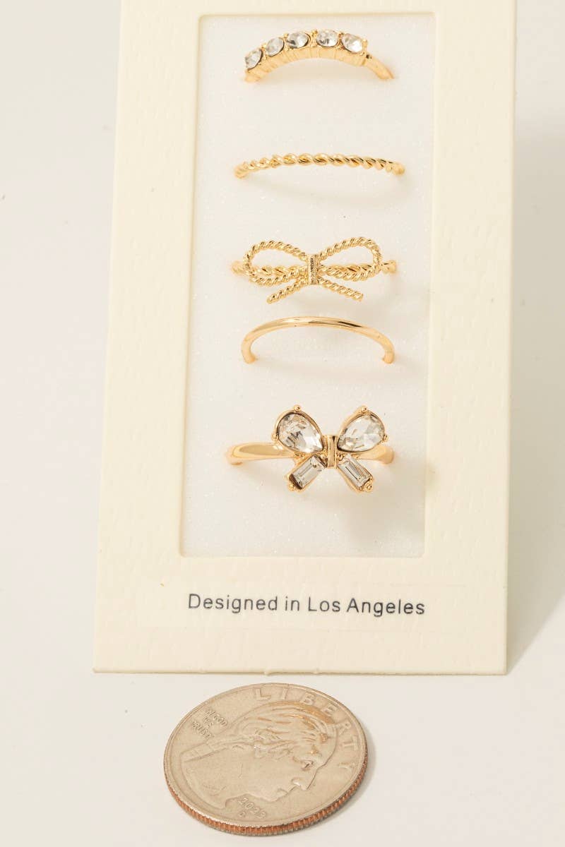 5Pc Dainty Rhinestone Bow Band Rings Set