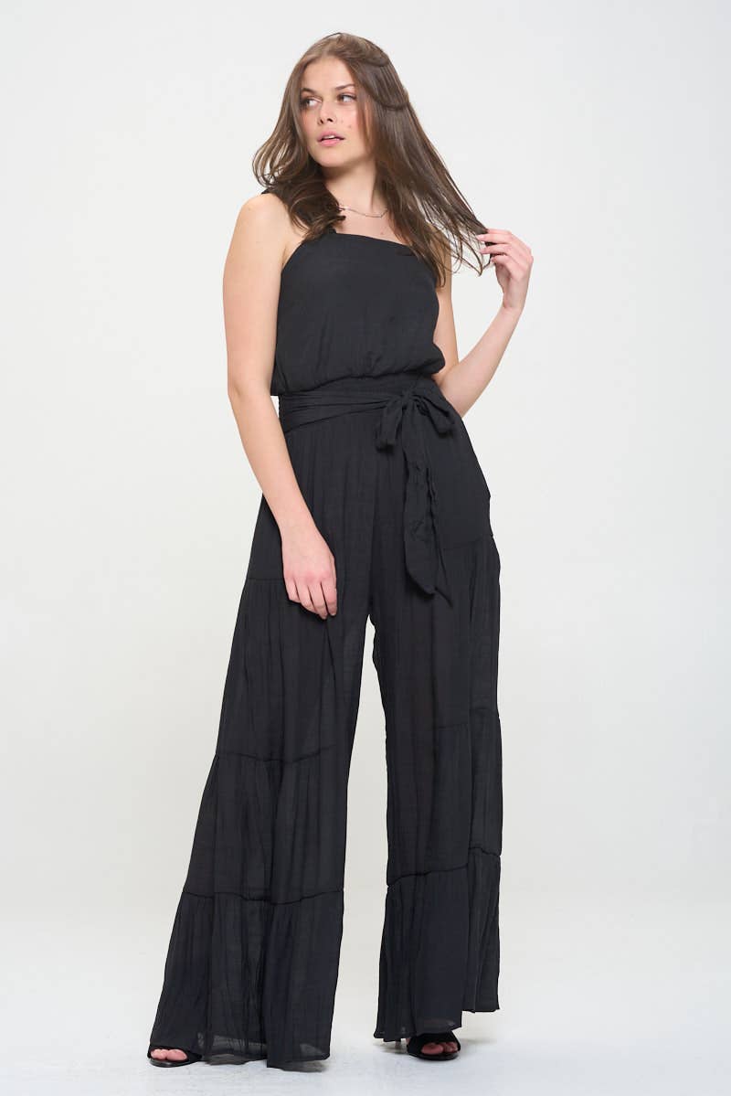 Women's Black ELASTIC STRAP TIERED JUMPSUIT