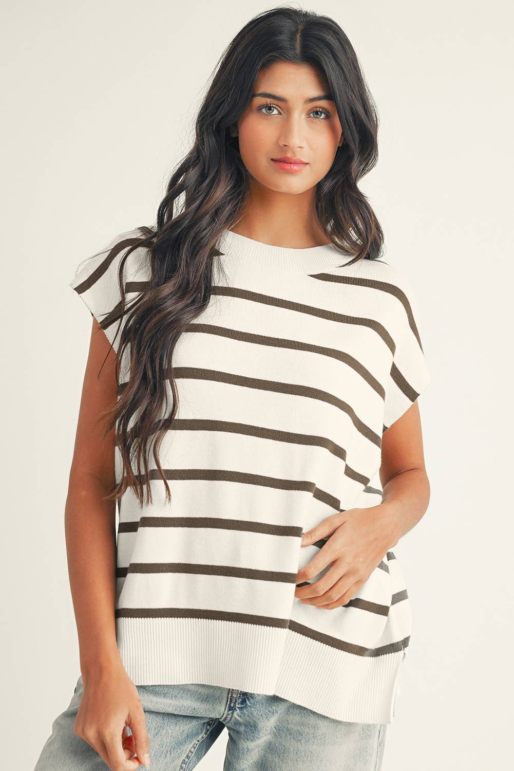 LDC Stripe Side Slits Crewneck Short Sleeve Sweater Tee