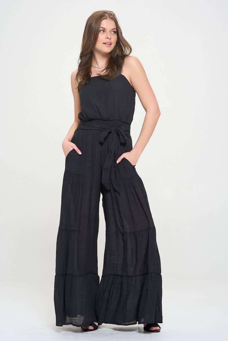 Women's Black ELASTIC STRAP TIERED JUMPSUIT