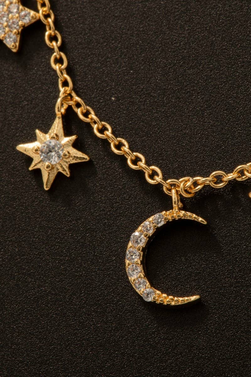 Gold Dipped Cz Pave Star And Moon Charms Chain Necklace Fame Accessories