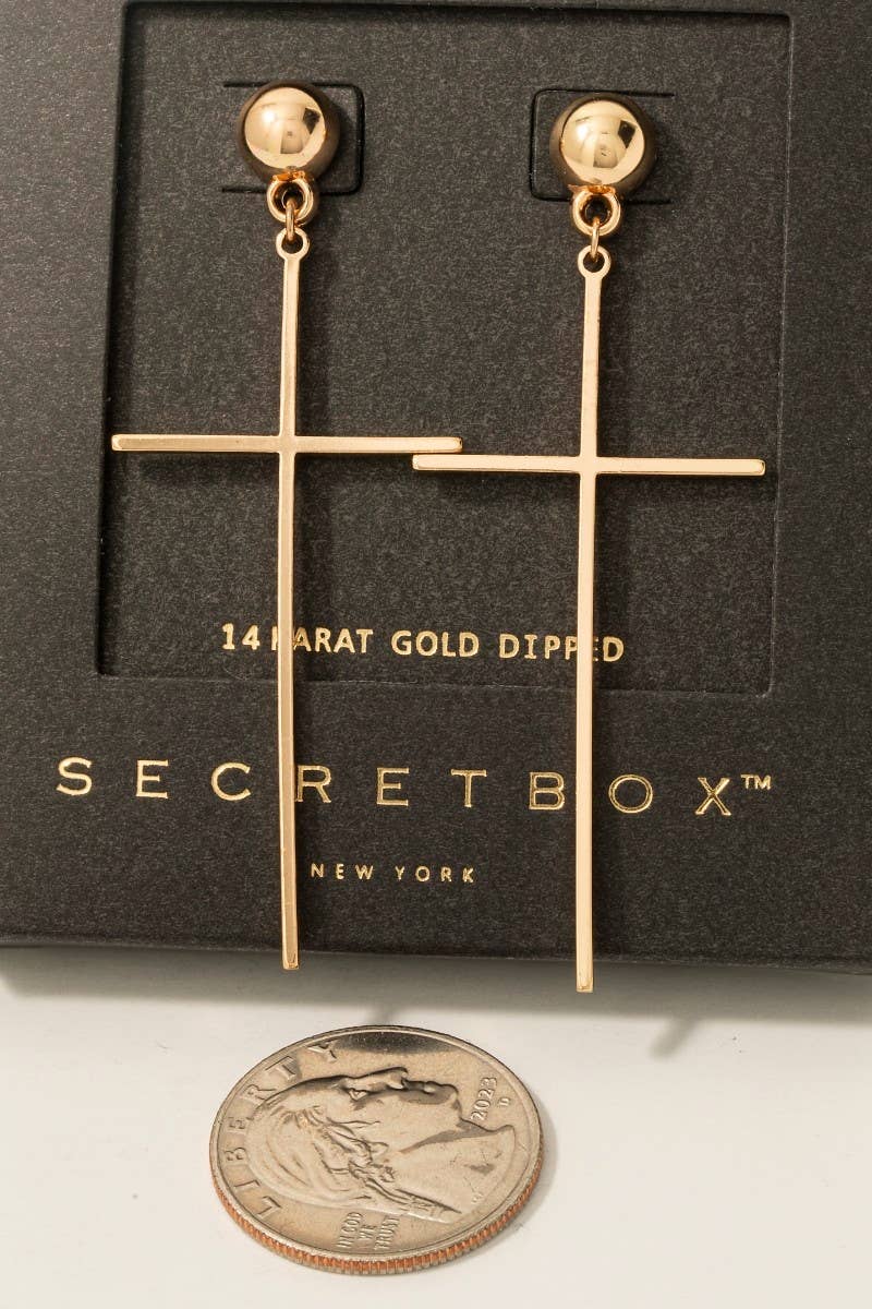 Secret Box Gold Dipped Dainty Cross Dangle Earrings