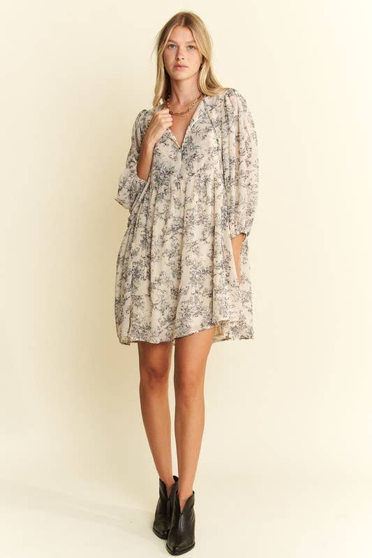 Women's LINED 3/4 SLEEVE FLORAL CHIFFON BABYDOLL SHORT DRESS
