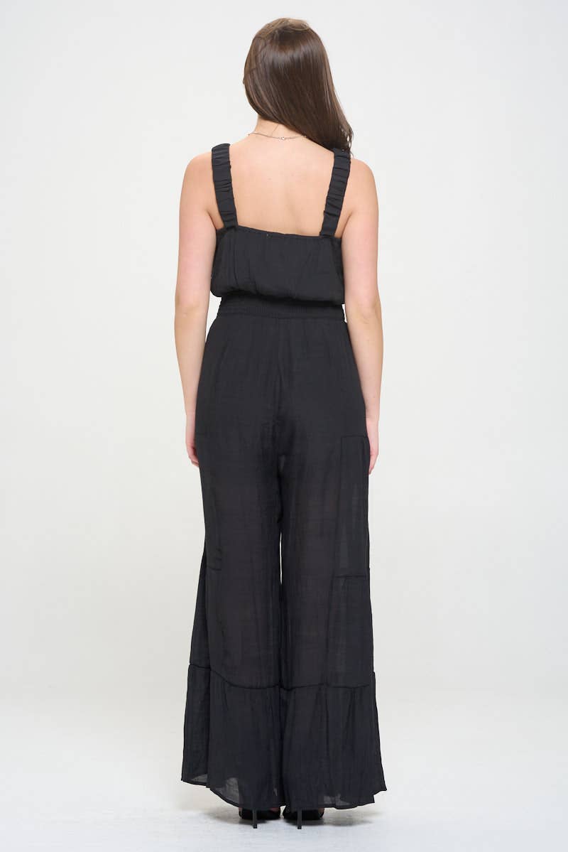 Women's Black ELASTIC STRAP TIERED JUMPSUIT