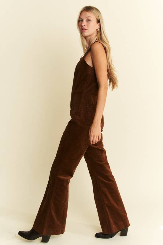 DAWN - PLUS SIZE BUTTON DOWN CORDUROY FLARED JUMPSUIT ZIPPERED BACK