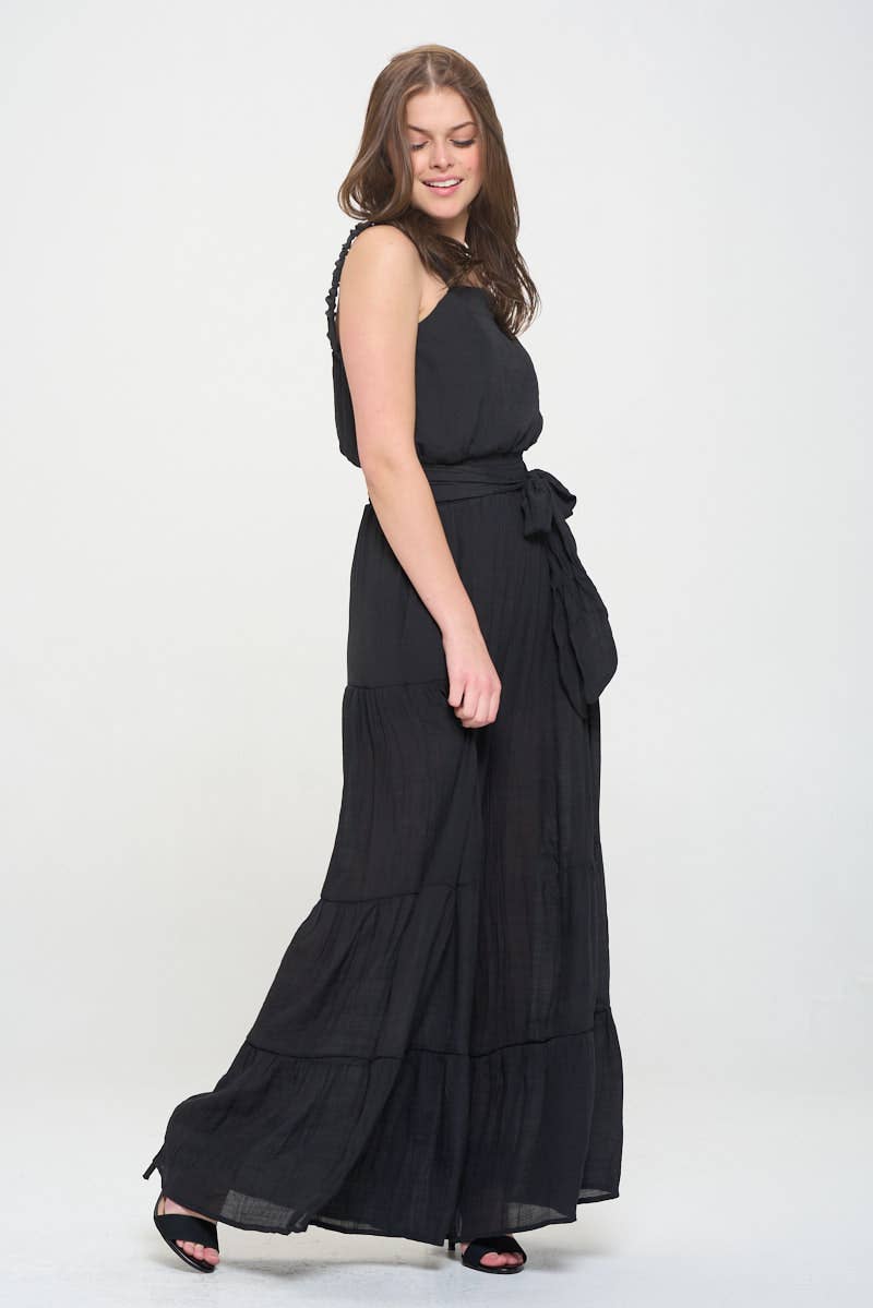 Women's Black ELASTIC STRAP TIERED JUMPSUIT