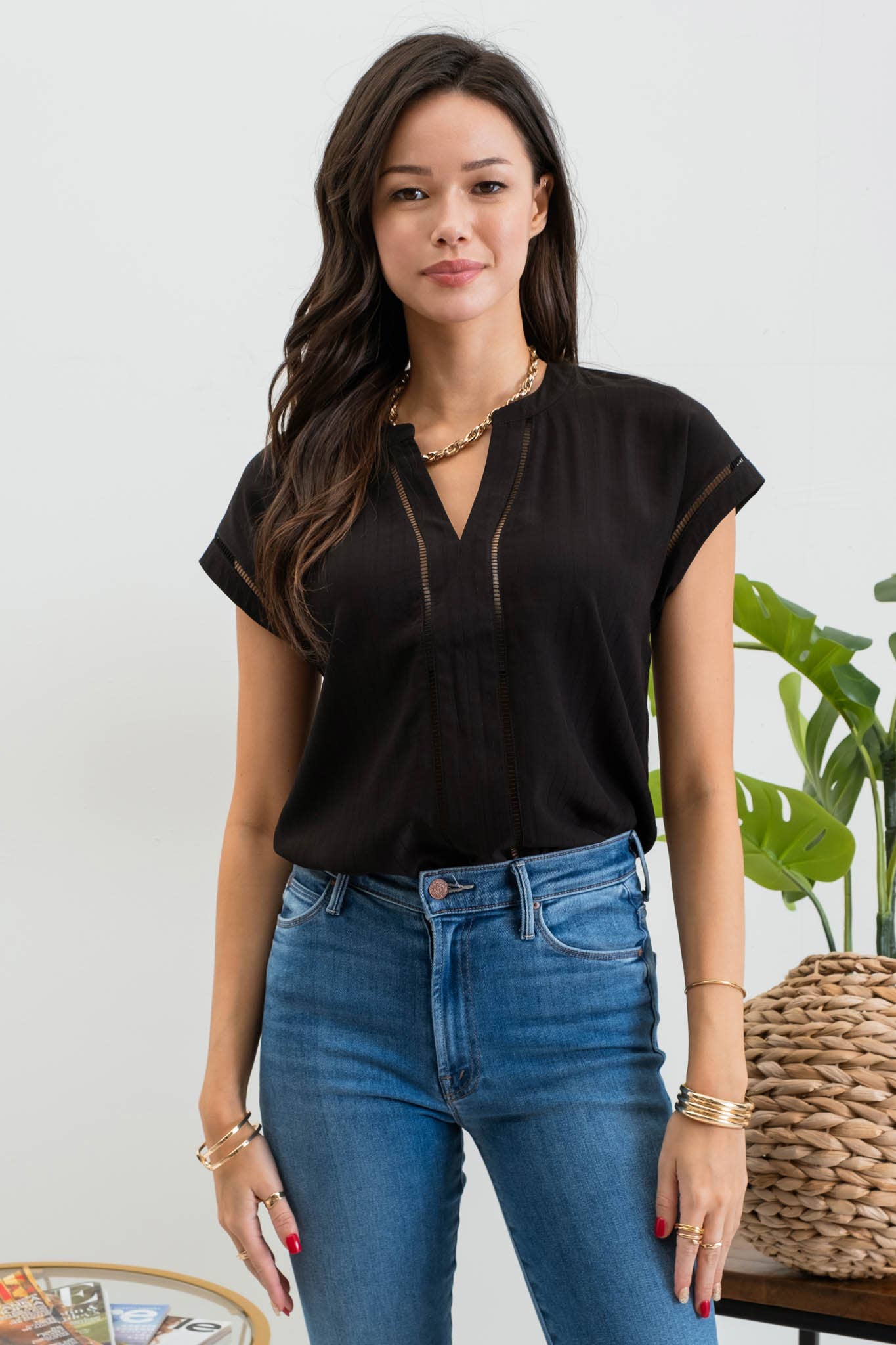 FINAL SALE- LACE TRIM SPLIT NECK TOP