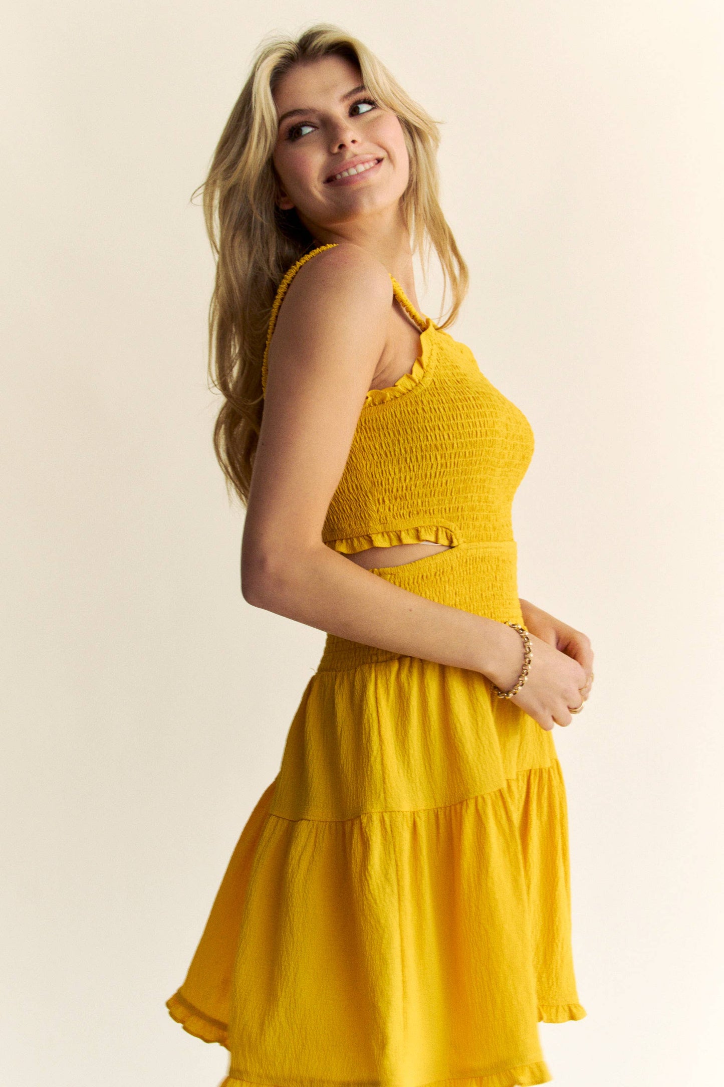 TEXTURED OPEN BACK SMOCKING CUT OUT MINI DRESS