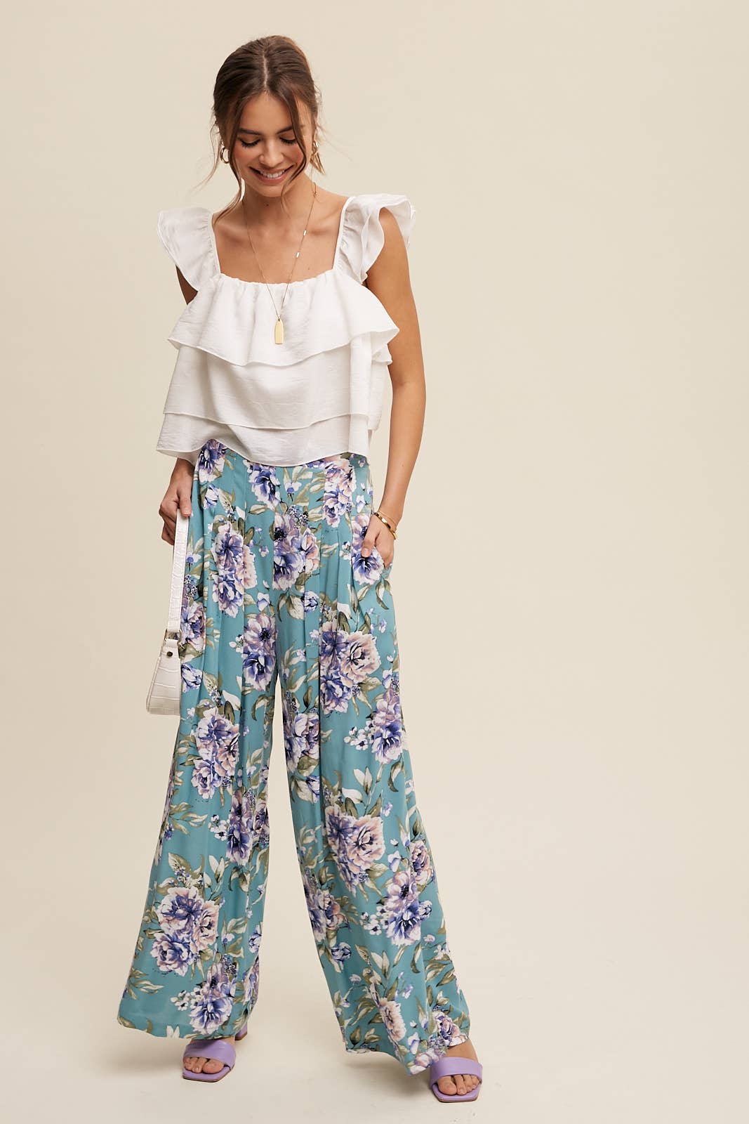 Floral Wide Leg Pants with Tiered Ruffle Top - 926 West