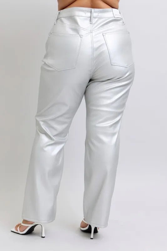 Judy Blue Full Size High Waist Silver Faux Leather Pants Plus Size - 926 West