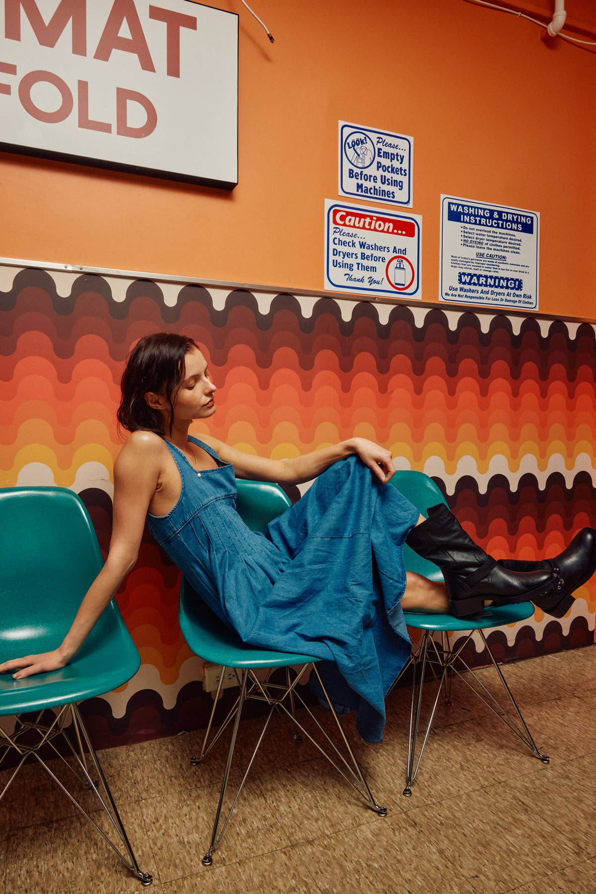 Square Neck Smocking Back Detail Denim Midi Dress - 926 West