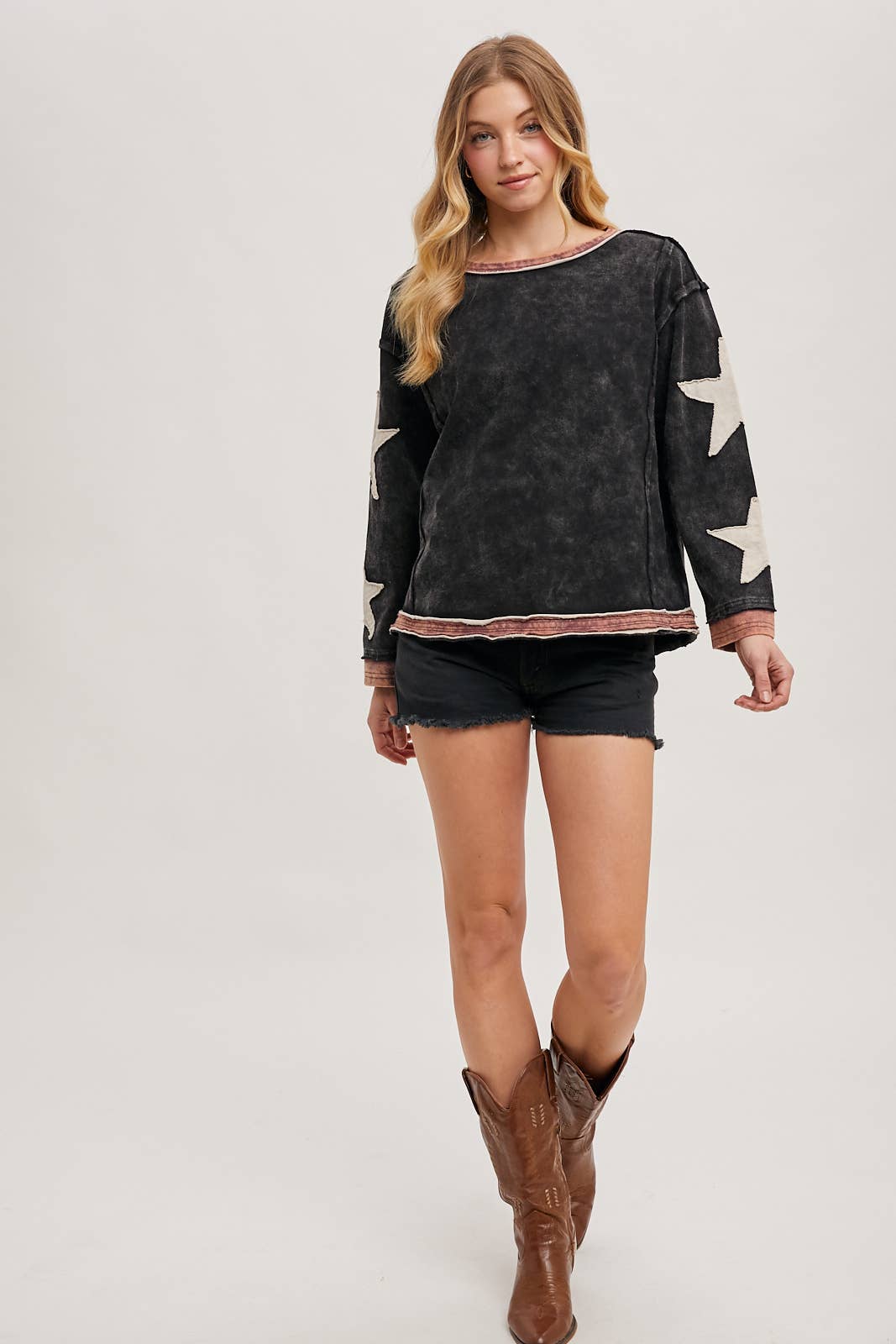 STAR SLEEVED CONTRAST OVERSIZED WASHED KNIT PULLOVER - 926 West