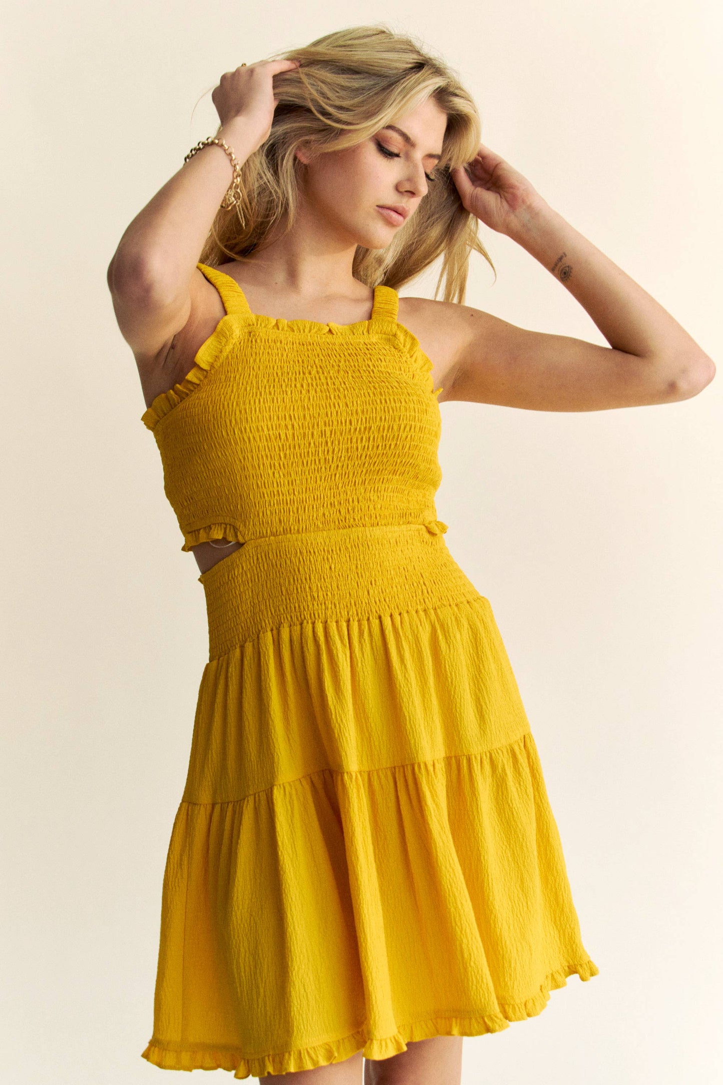 TEXTURED OPEN BACK SMOCKING CUT OUT MINI DRESS