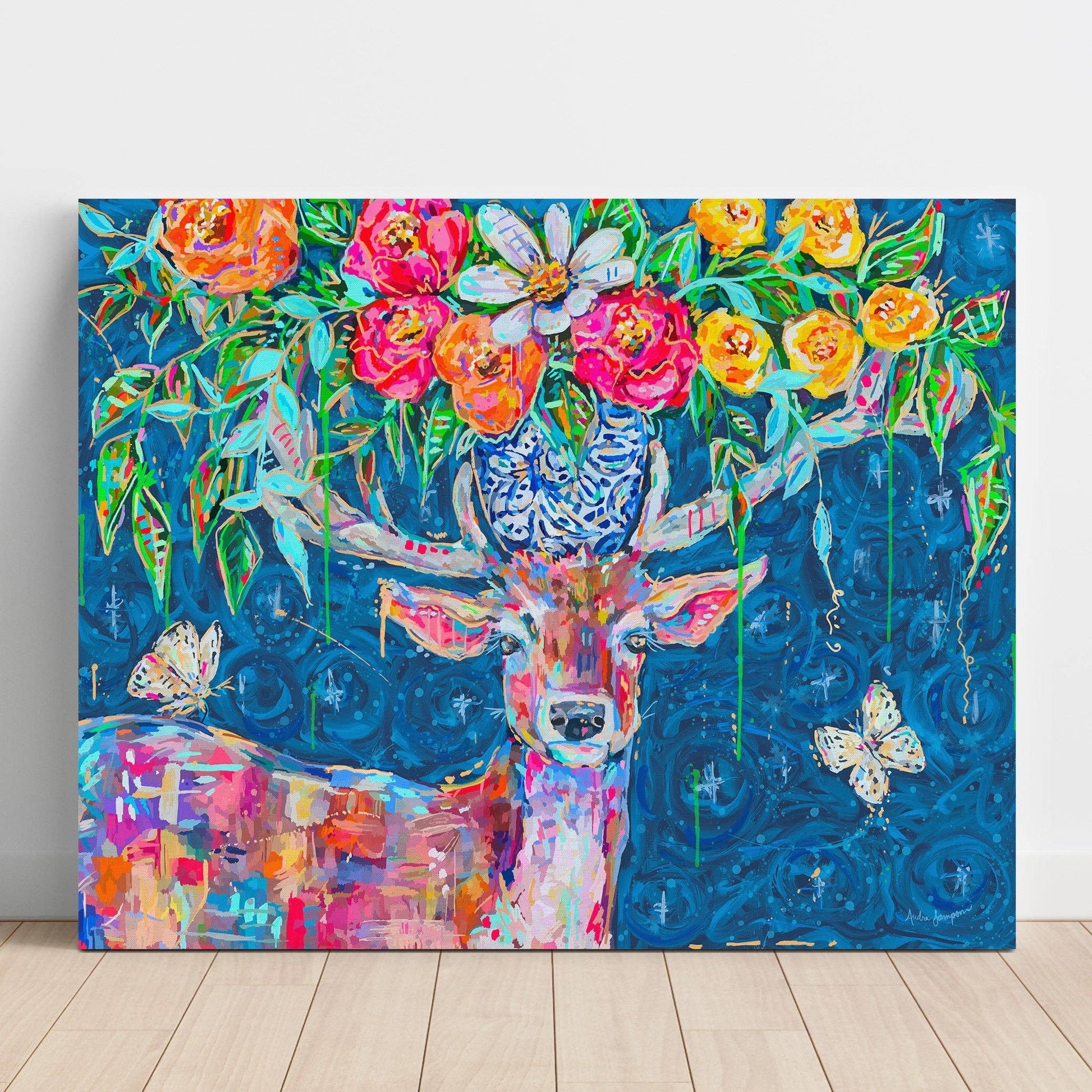 Deer and Bouquet Gallery Wrapped Canvas - Floral Art Painting Audra Style