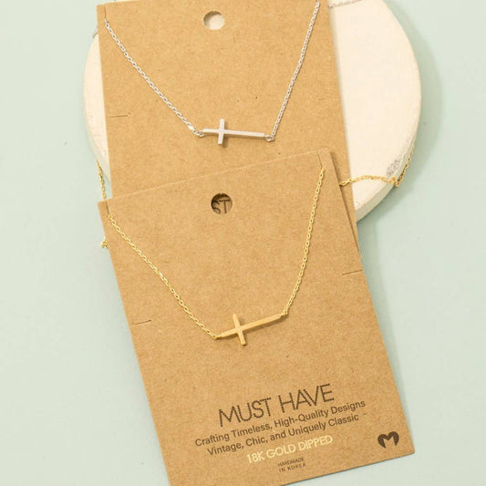 Gold Dipped Side Cross Pendant Necklace Fame Accessories