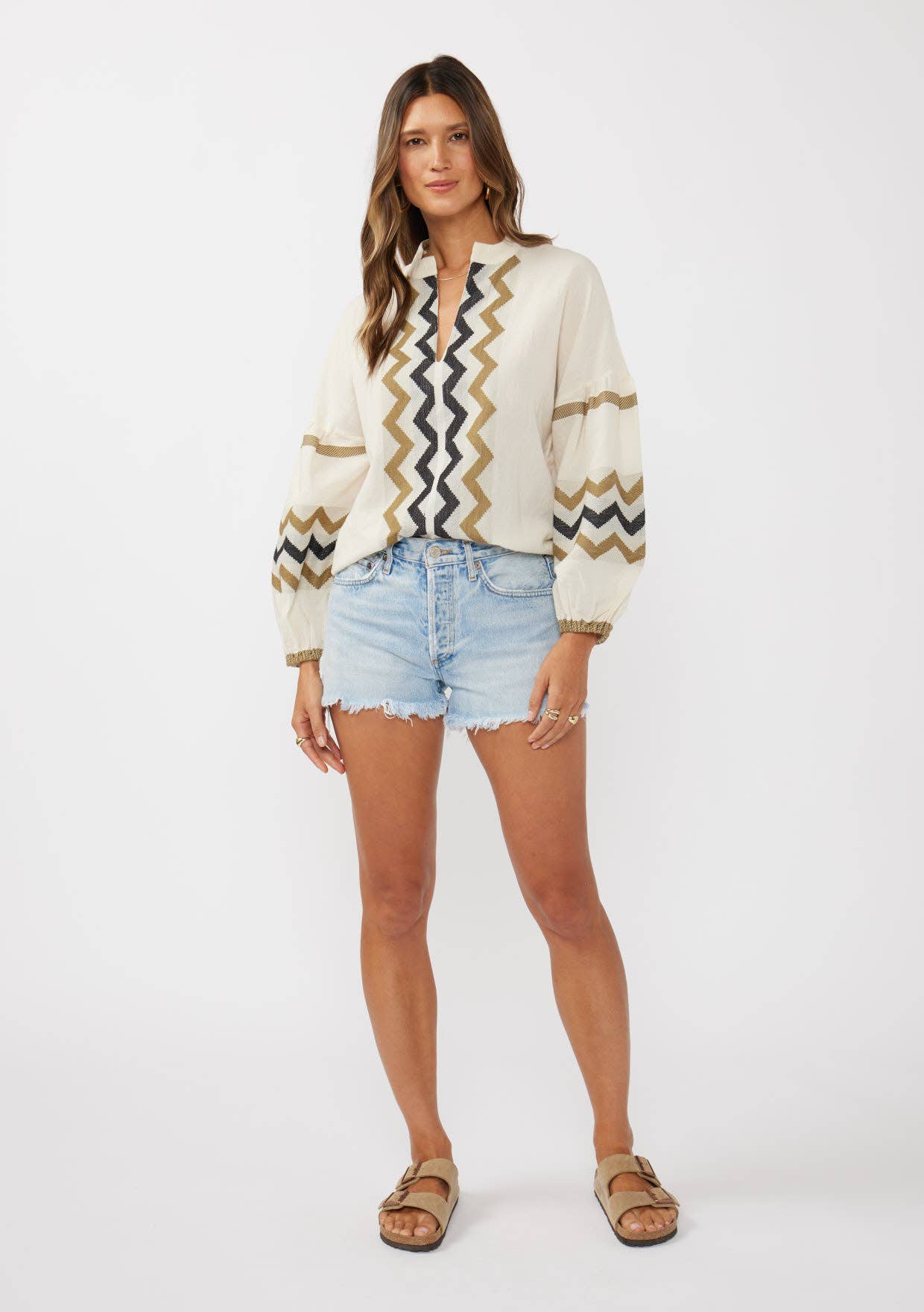 Long Sleeve Cotton Jacquard Split-Neck Blouse