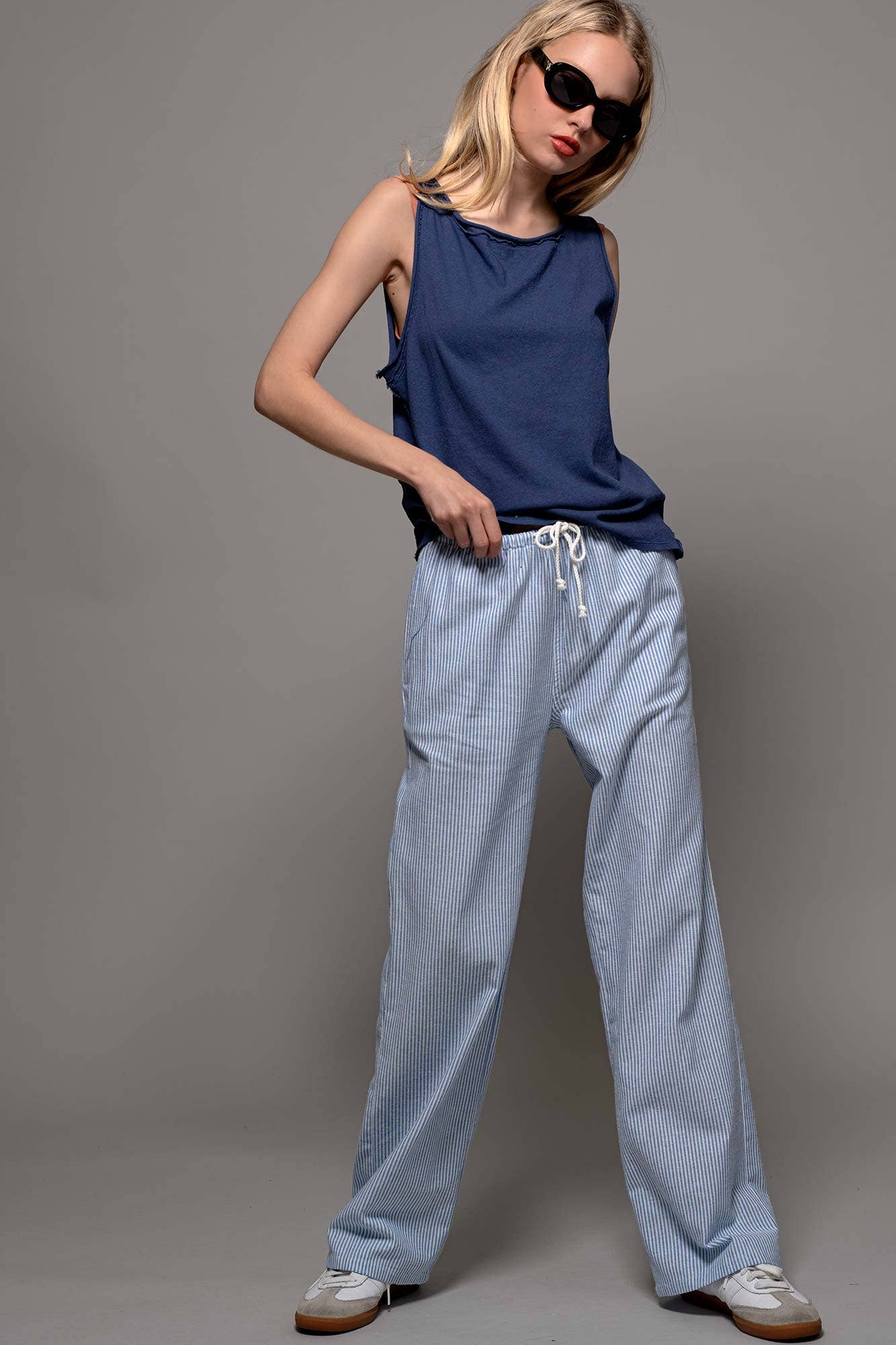 Blue Pinstripe Drawstring Wide Leg Lounge Pants