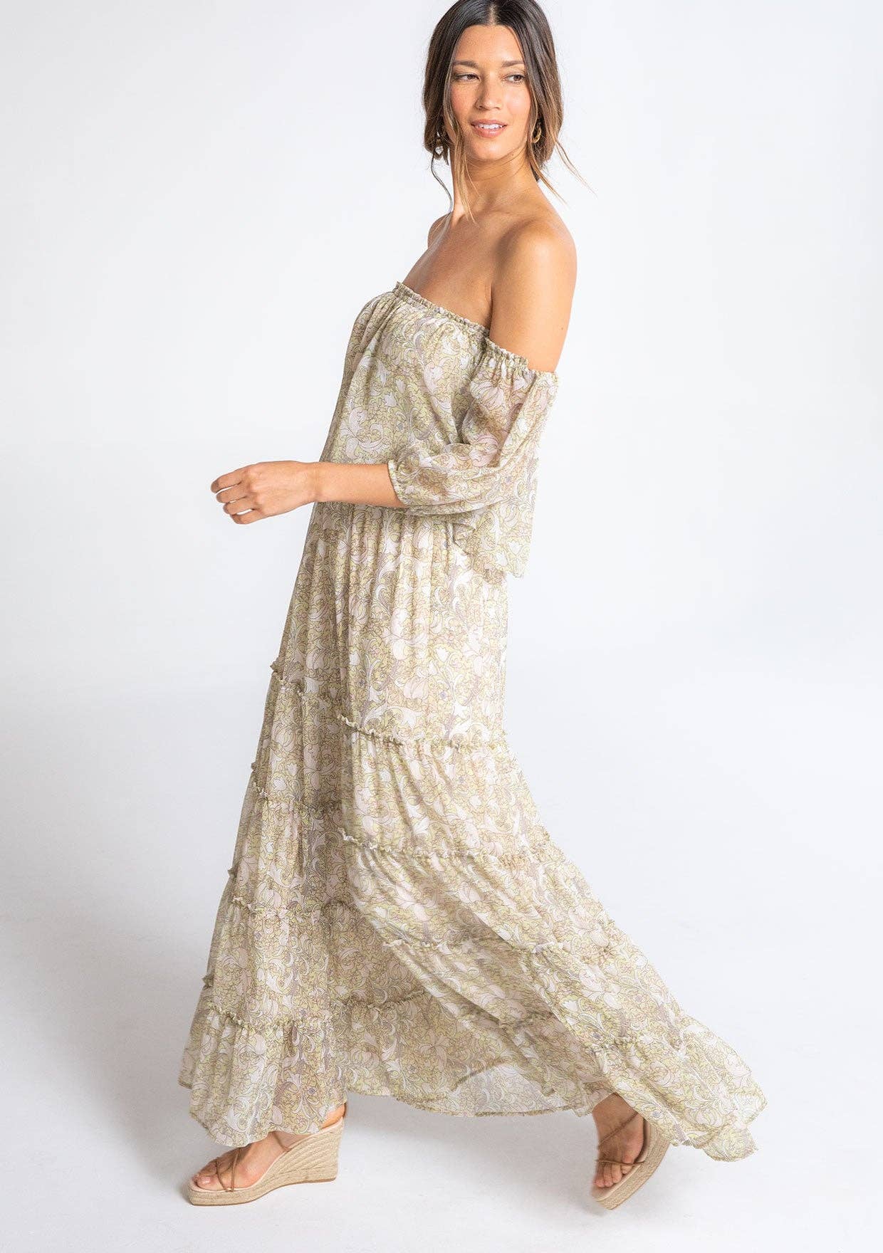 Paisley Off Shoulder Long Sleeve Maxi Dress
