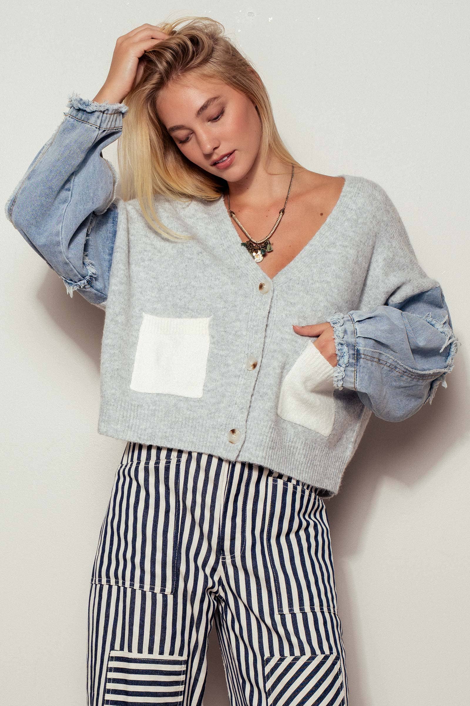 Denim Sleeve Knit Cardigan Casual Sweater Top Urban Daizy