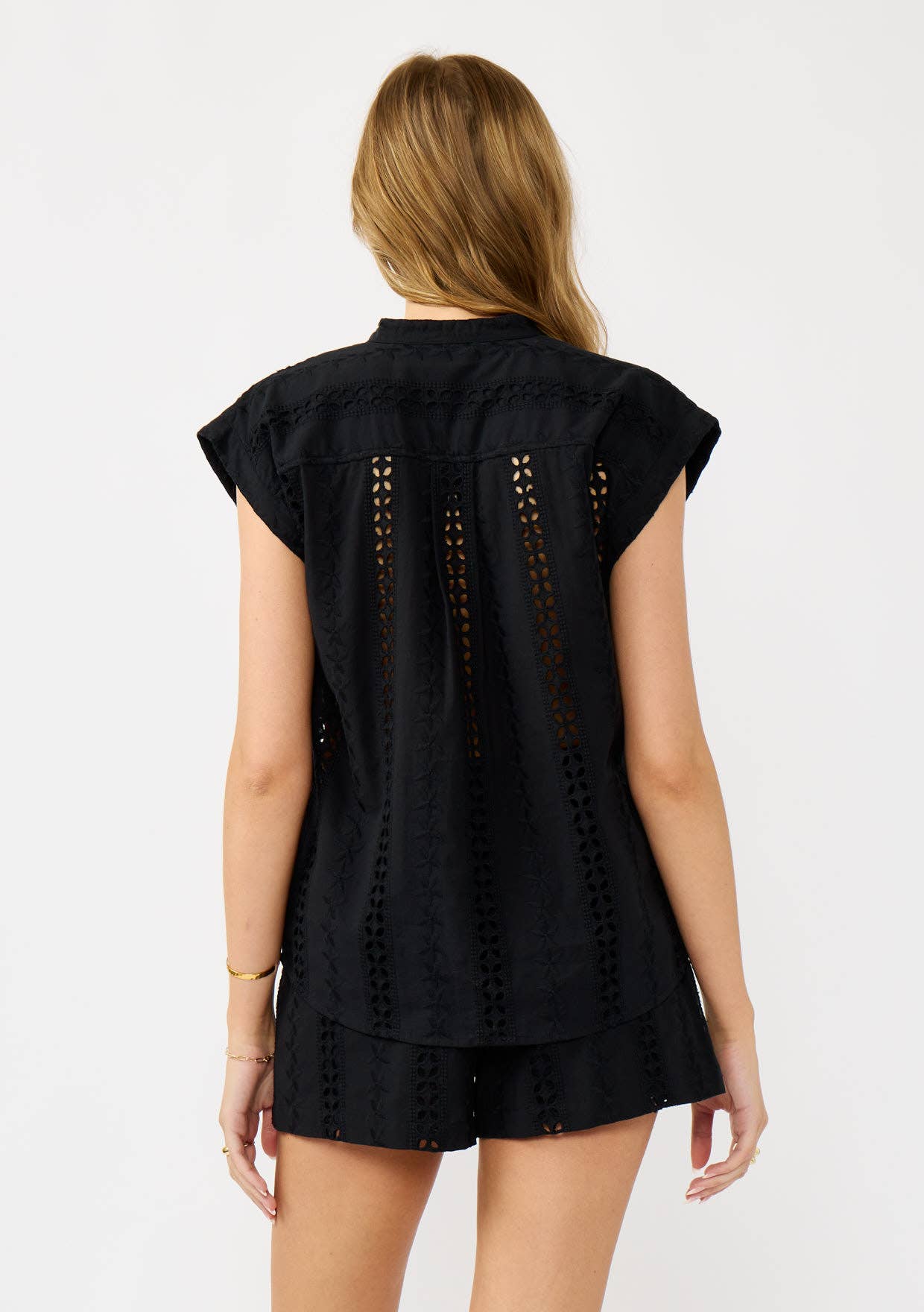 Floral Eyelet Mandarin Collar Camp Shirt