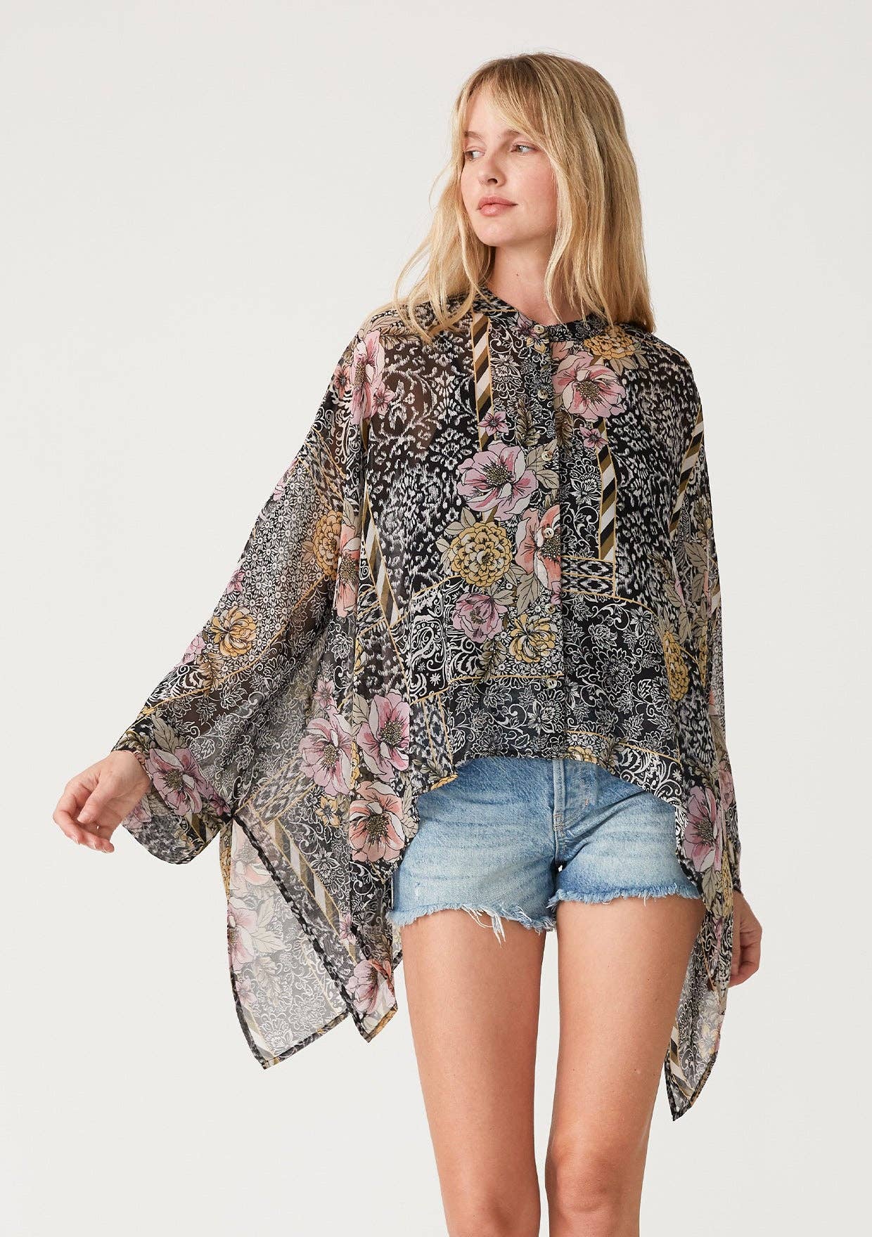 Sheer Floral Asymmetric Button Front Blouse