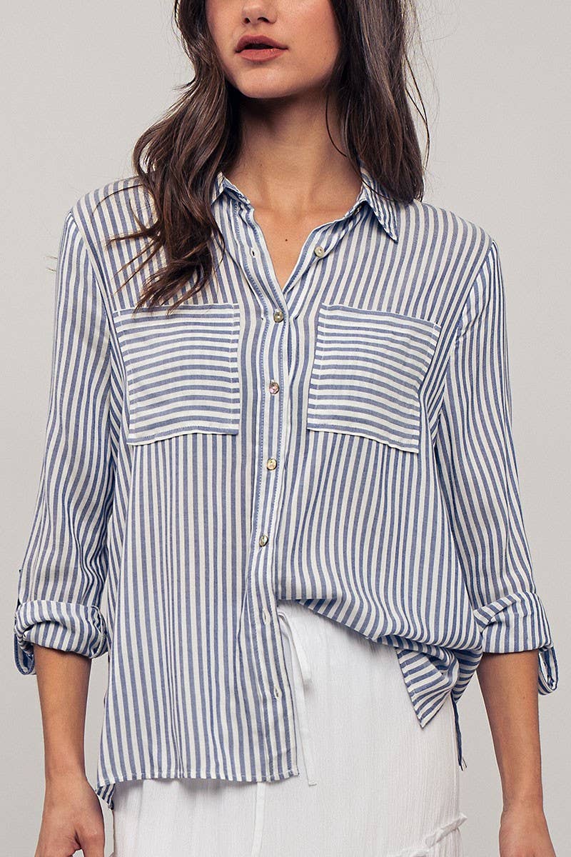 Relaxed Fit Vertical Striped Rayon Button Down Shirt