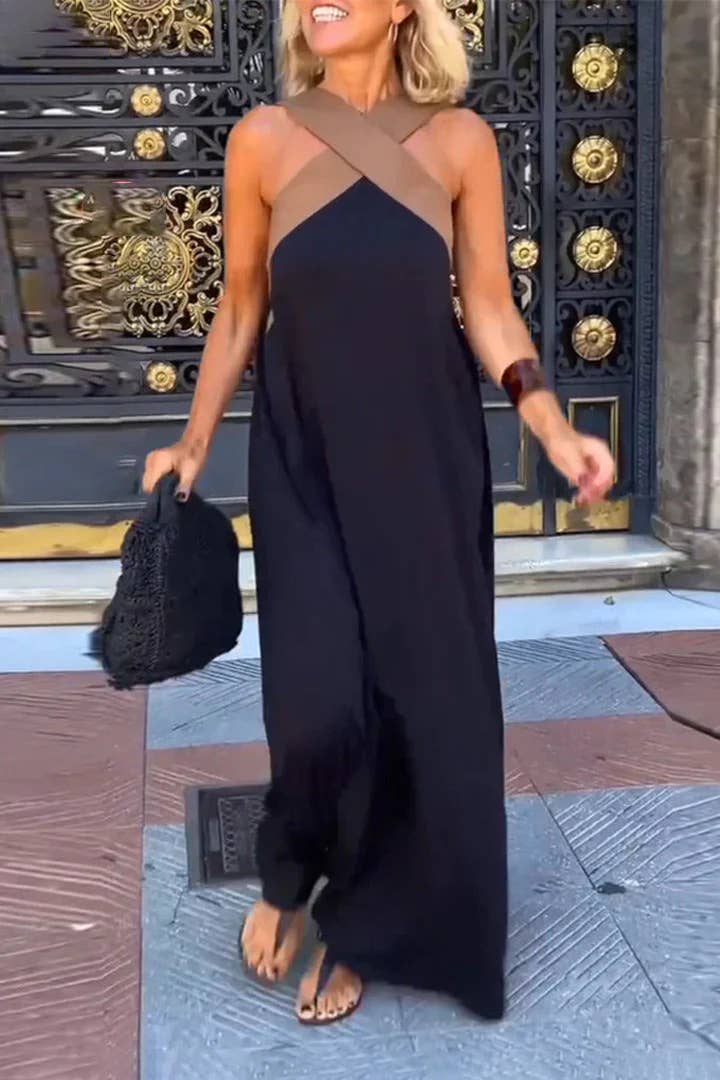 FINAL SALE- Contrast cross halter midi dress a-line sleeveless dress
