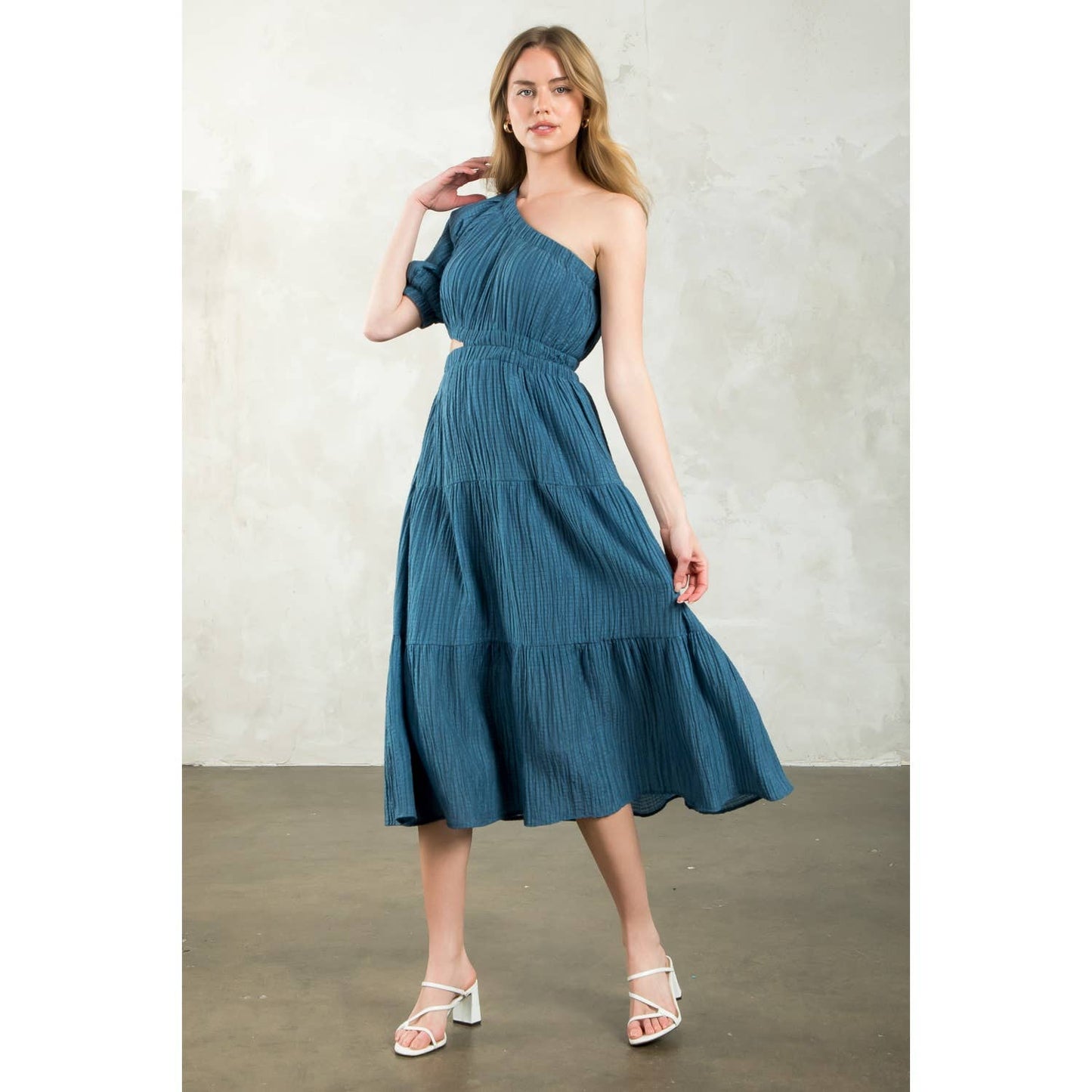 Women's One Shoulder Puff Sleeve Textured Dress