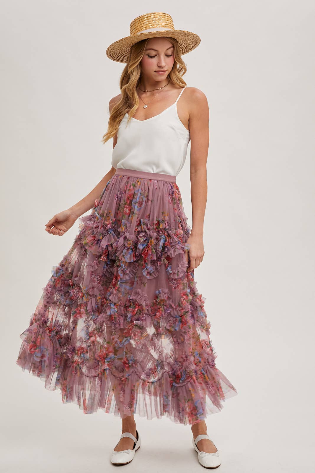 FLORAL RUFFLED MESH MIDI SKIRT