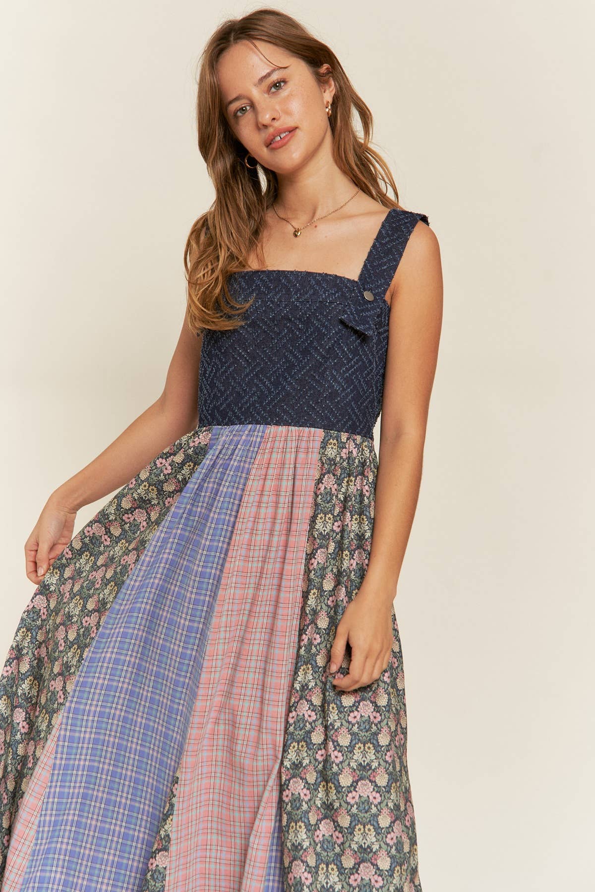 Becky- VINTAGE PLAID/FLORAL & DENIM SUSPENDER MAXI DRESS