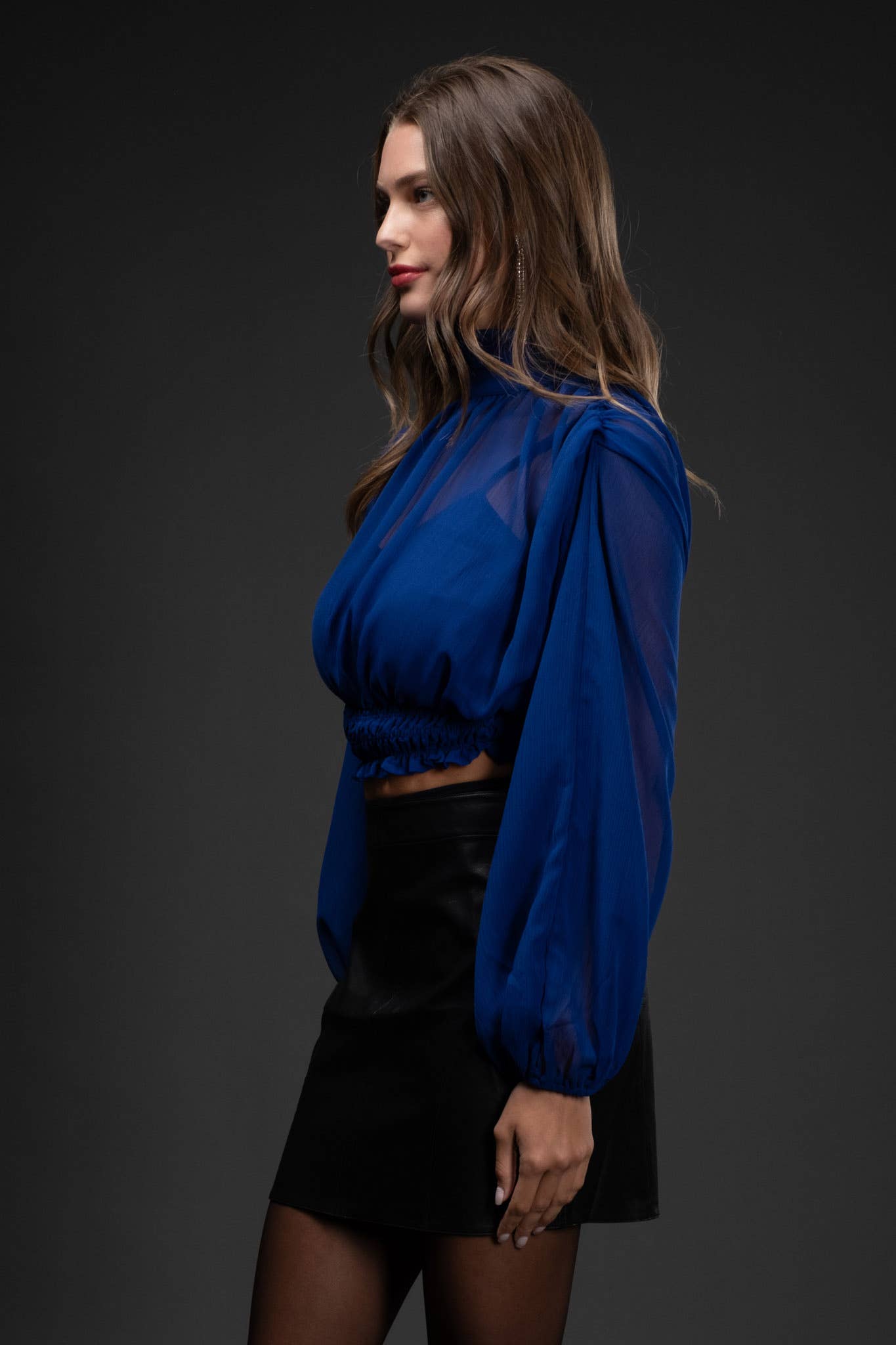 SHEER LONG SLEEVE SHIRRED CROPPED TOP 926 WEST