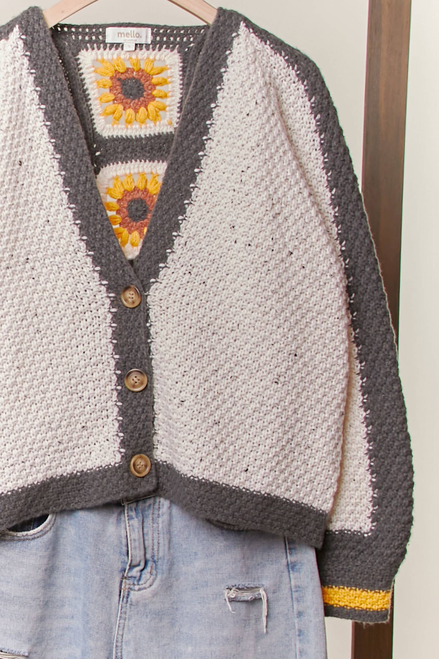 Color Block Sunflower Crochet V Neck Cardigan Mello.