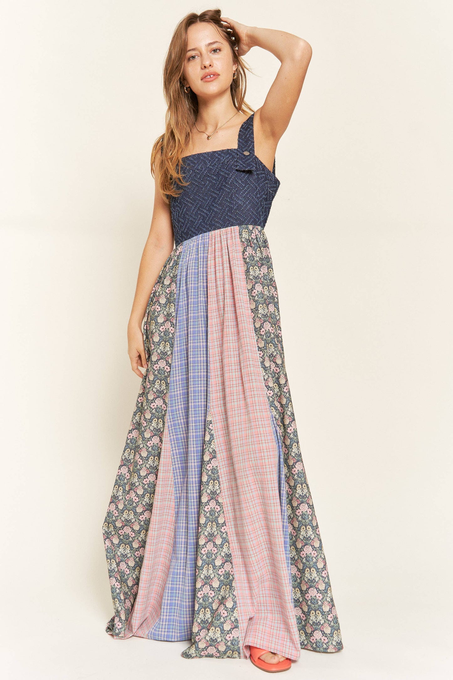 Becky- VINTAGE PLAID/FLORAL & DENIM SUSPENDER MAXI DRESS