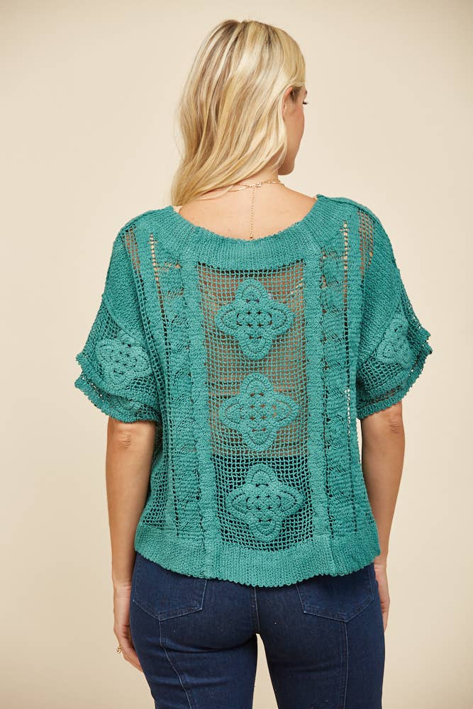 FINAL SALE- SHORT SLEEVE CROCHET KNIT TOP TEAL