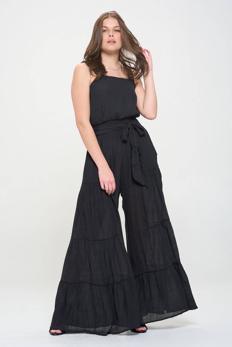 Women's Black ELASTIC STRAP TIERED JUMPSUIT