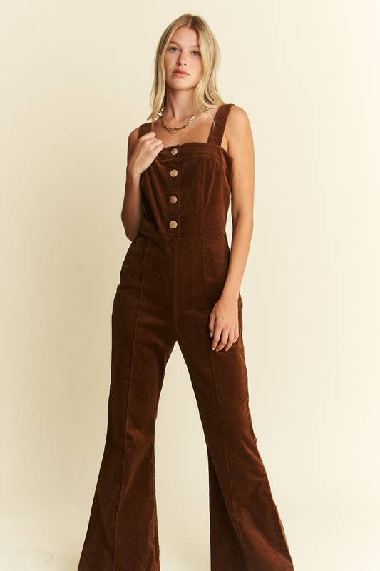 DAWN - PLUS SIZE BUTTON DOWN CORDUROY FLARED JUMPSUIT ZIPPERED BACK