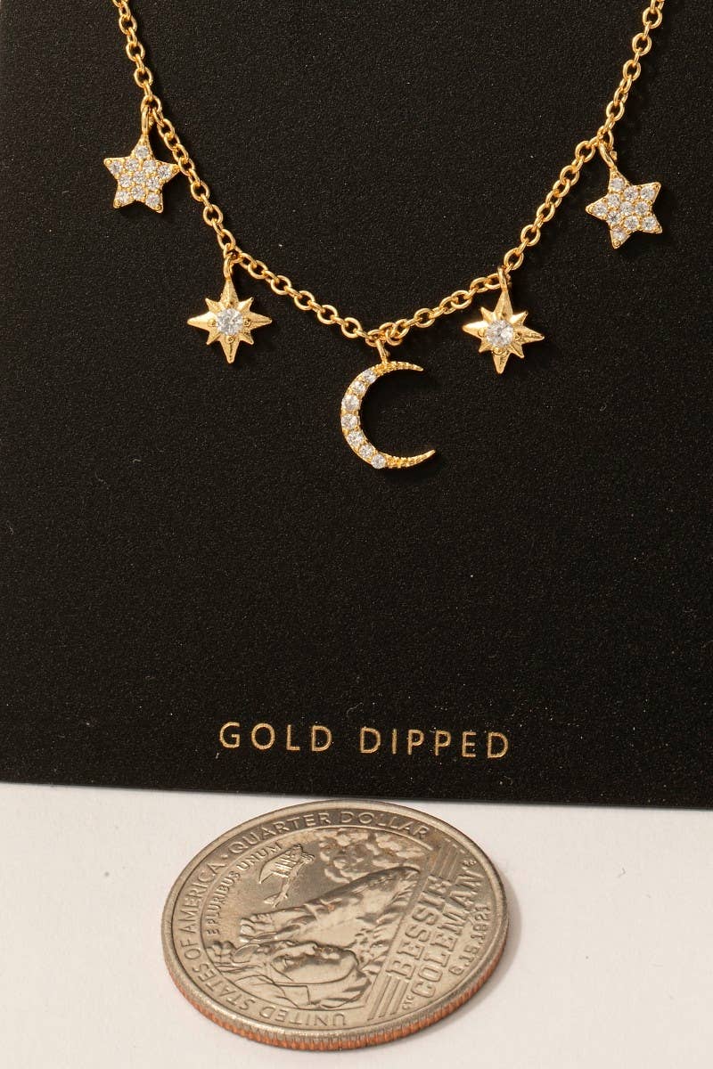 Gold Dipped Cz Pave Star And Moon Charms Chain Necklace