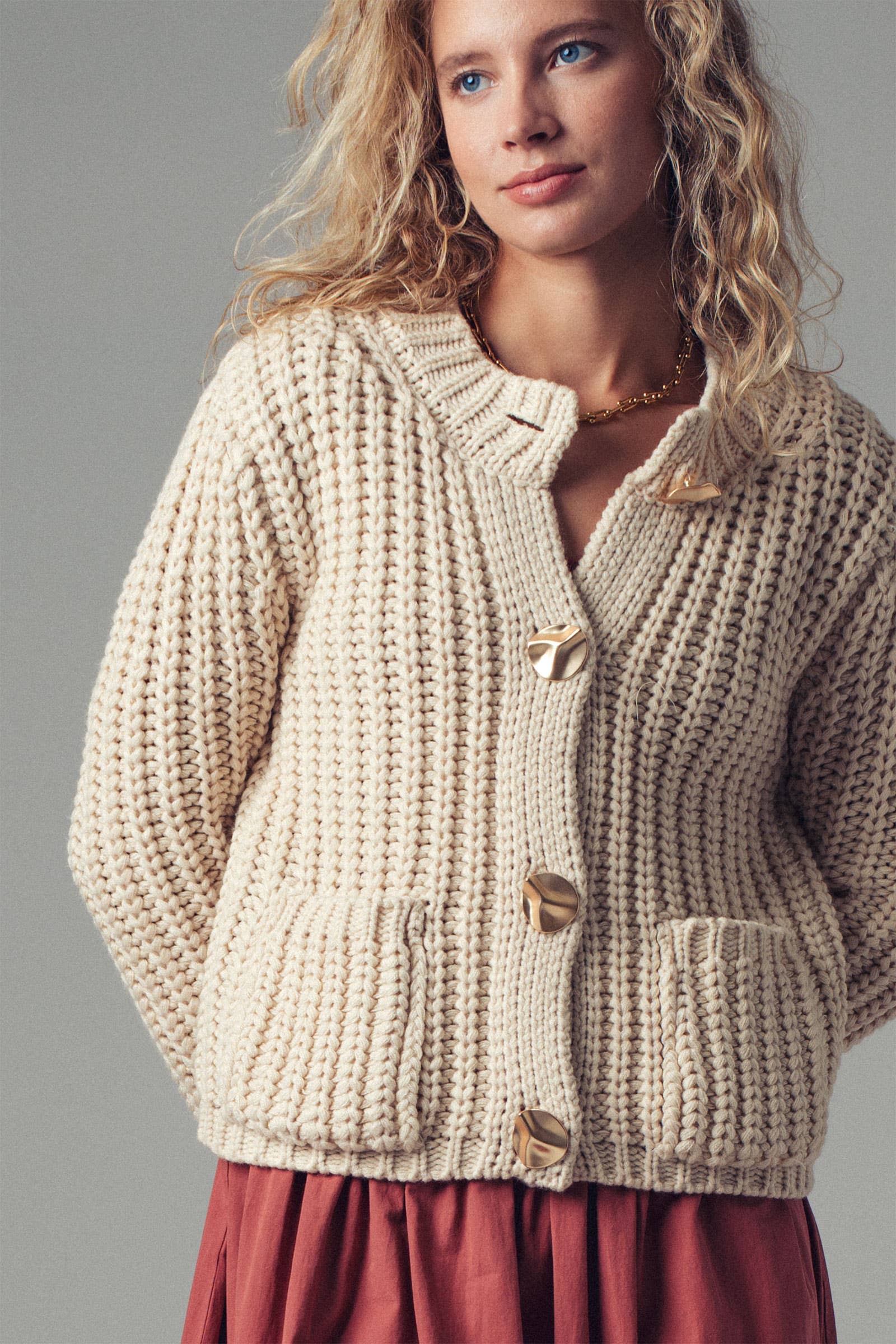 Chunky Gold Button Ribbed Knit Cardigan Urban Daizy
