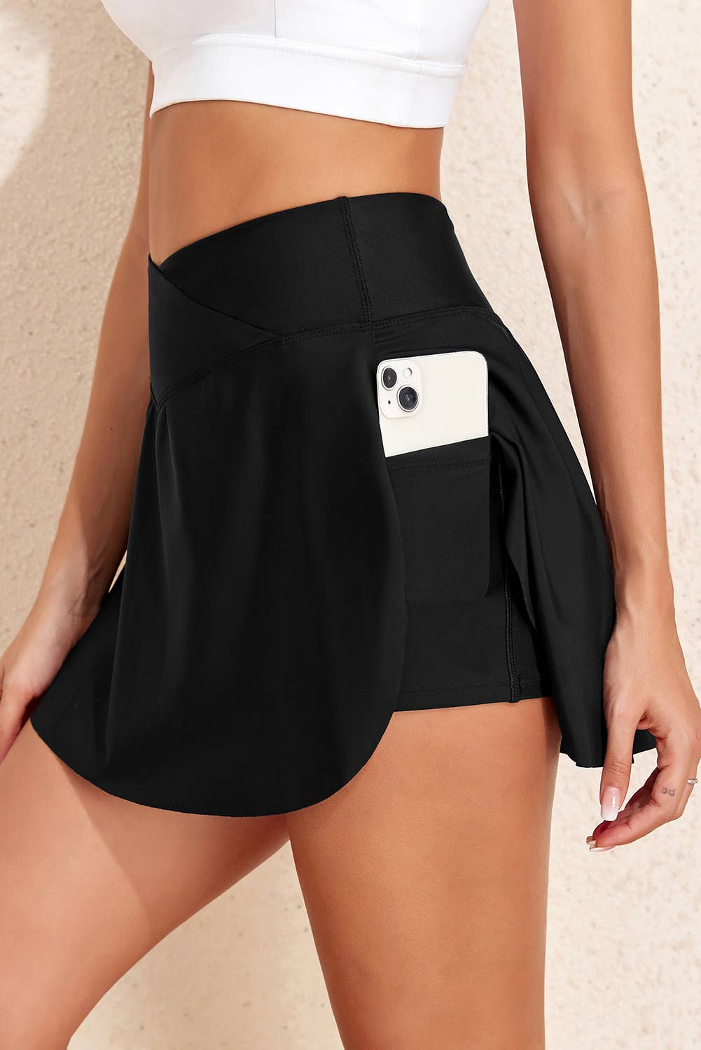 Solid Pocketed Crossover High Waist Skort
