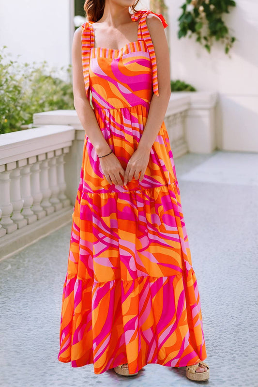 Abstract Print Knotted Shoulder High Waist Maxi Dress