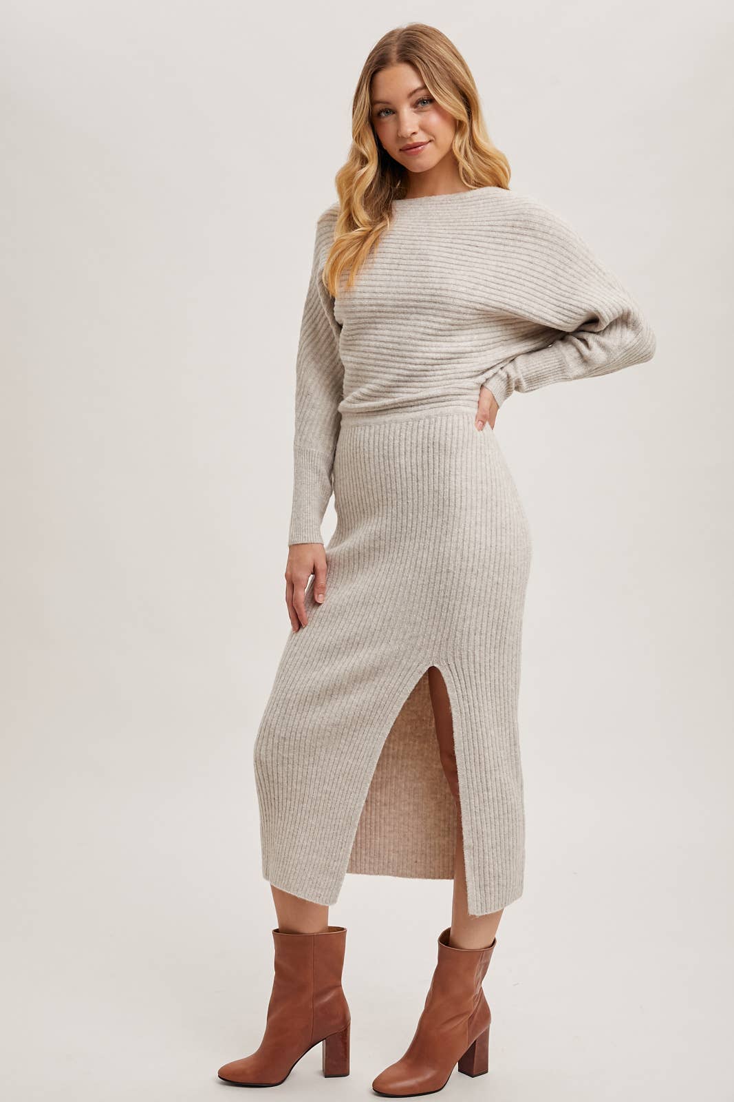 ONE SHOULDER OFF SIDE SLIT MIDI KNIT SWEATER DRESS Bluivy