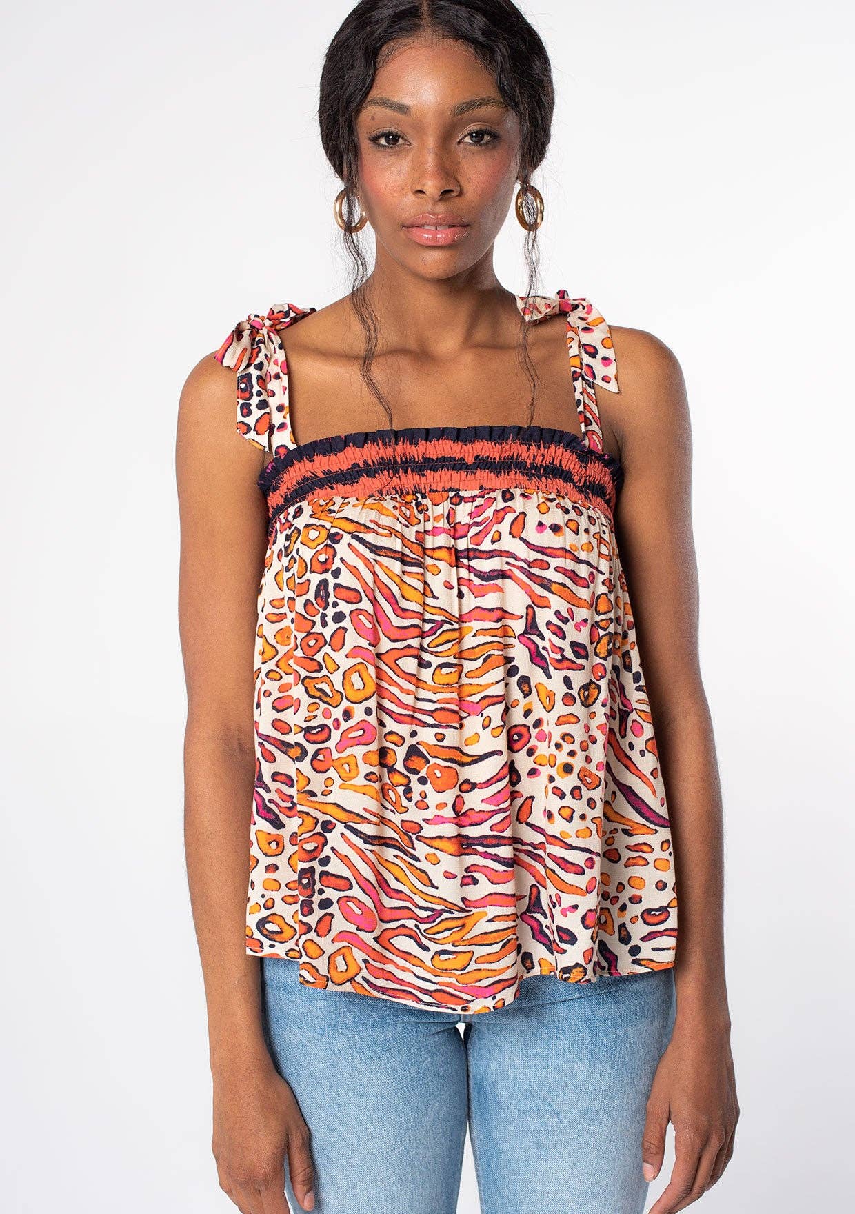 Leopard Print Smocked Tie Shoulder Tank Top 926 WEST