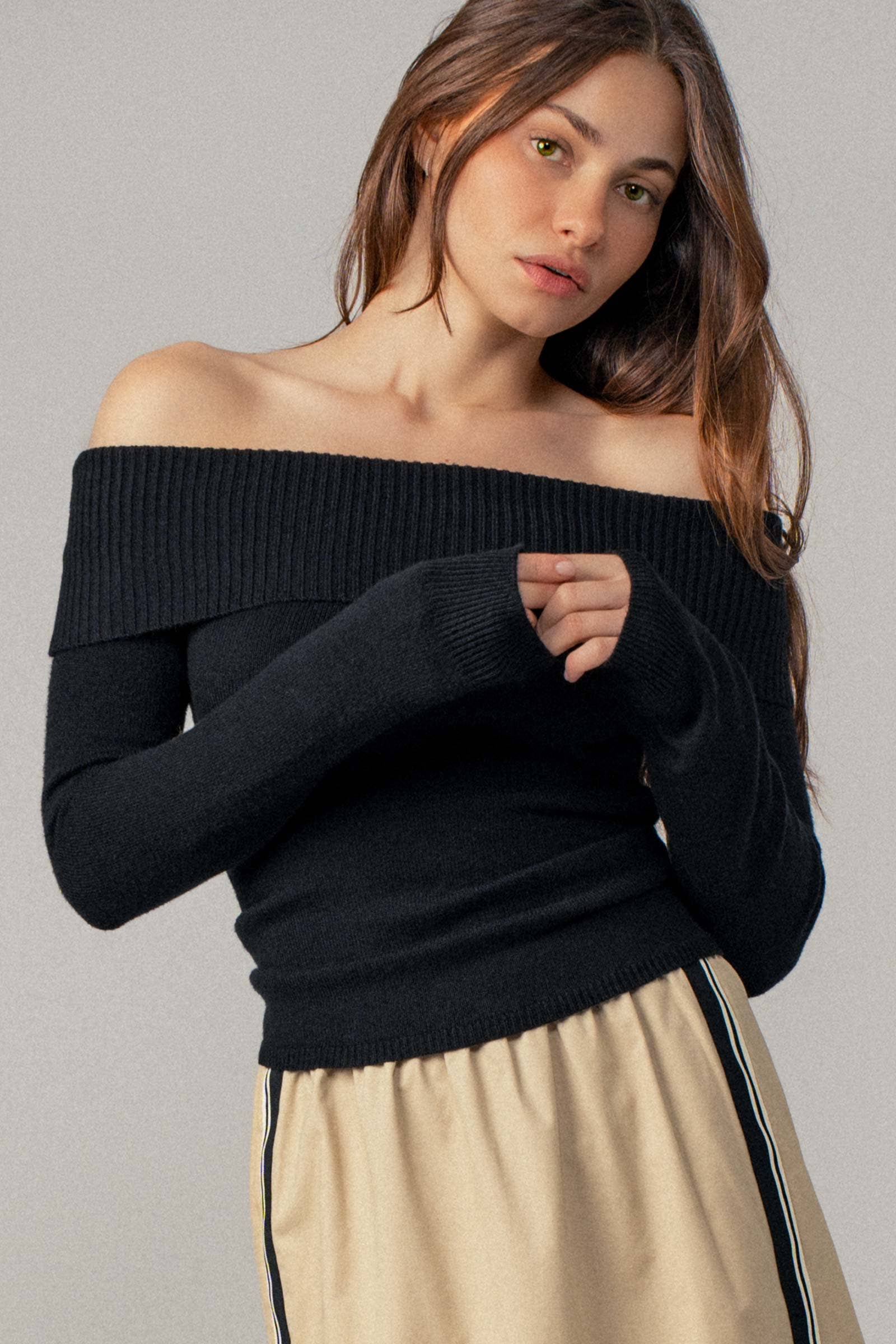Ribbed Off-Shoulder Long Sleeve Sweater Urban Daizy