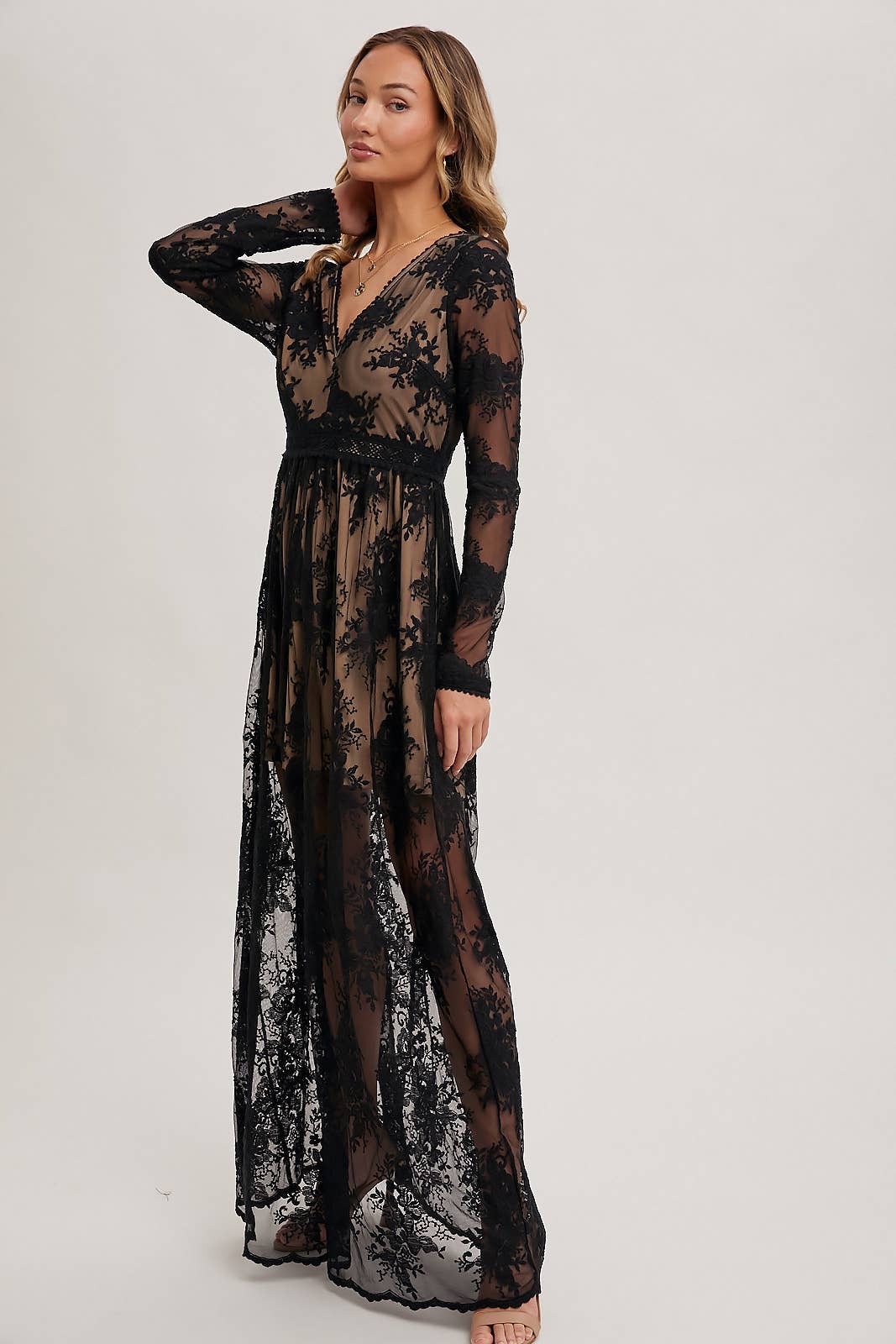 BOHO FLORAL LACE V-NECK MAXI DRESS WITH LINING Bluivy