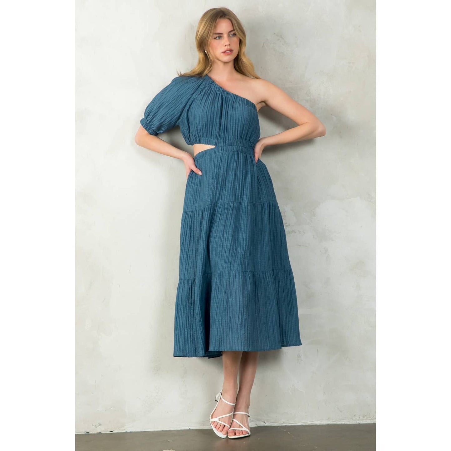 Women's One Shoulder Puff Sleeve Textured Dress