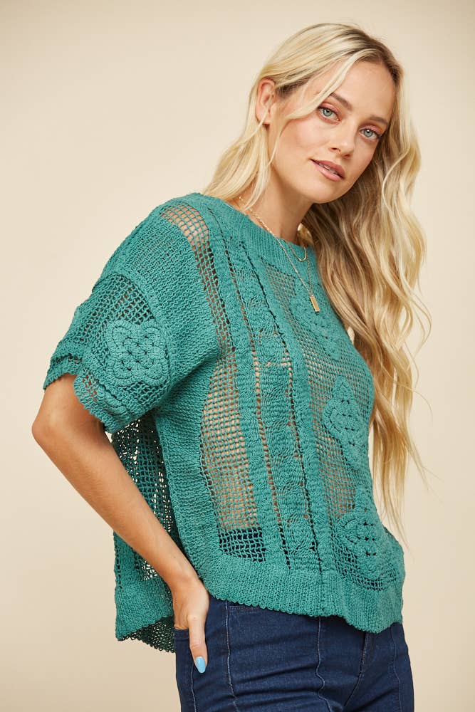 FINAL SALE- SHORT SLEEVE CROCHET KNIT TOP TEAL