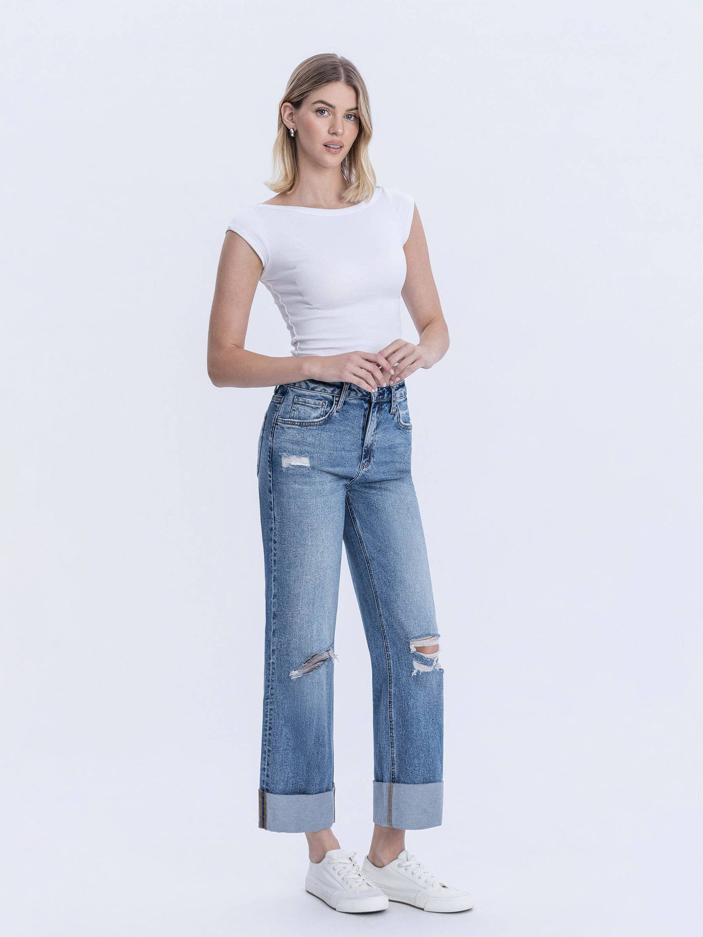SUPER HIGH RISE DOUBLE CUFFED BAGGY WIDE JEANS LV1459 Lovervet by VERVET